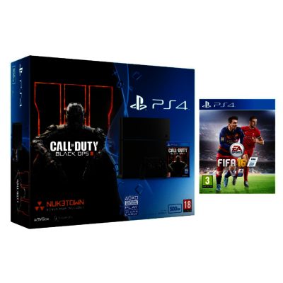 Sony PlayStation 4 500GB Console in Black Including Call Of Duty Black Ops 3 & Fifa 16 Sony PlayStation 4 500GB Console in Black Including Call Of Duty Black Ops 3 & Fifa 16